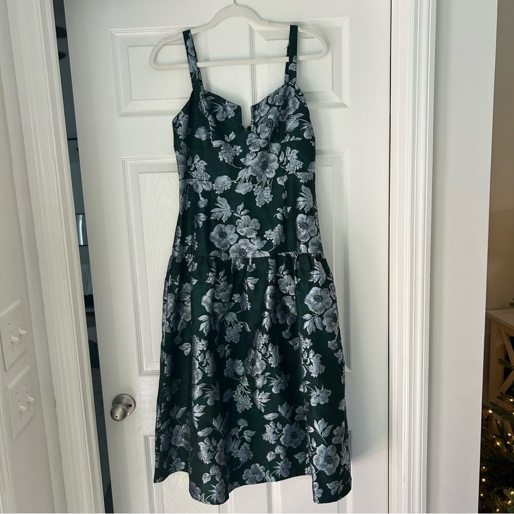 Lulu’s Major Flirtation Emerald Floral Jacquard Drop Waist Midi Dress - Picture 5 of 7